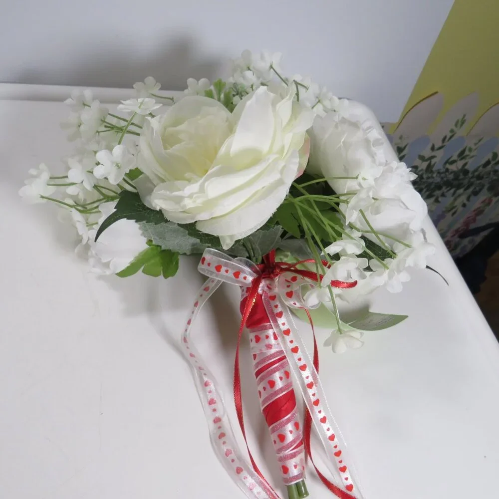 White Cabbage Roses & Verbena Hand held bouquet with heart ribbons Valentines